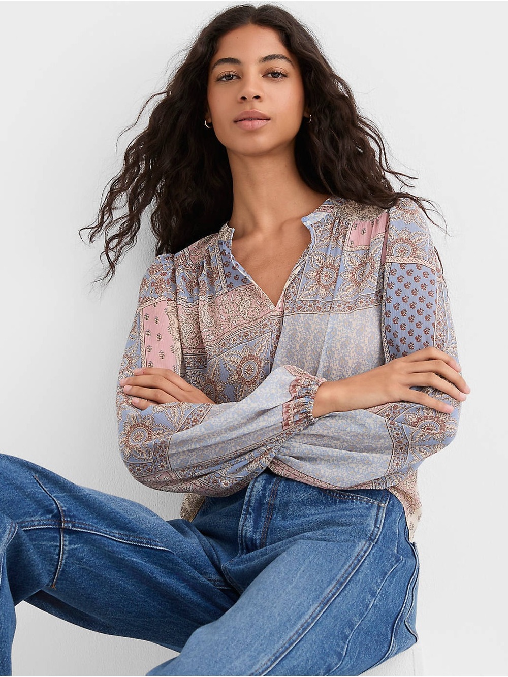 LOFT Patchwork Split Neck Blouse Women’s Size Medium EUC